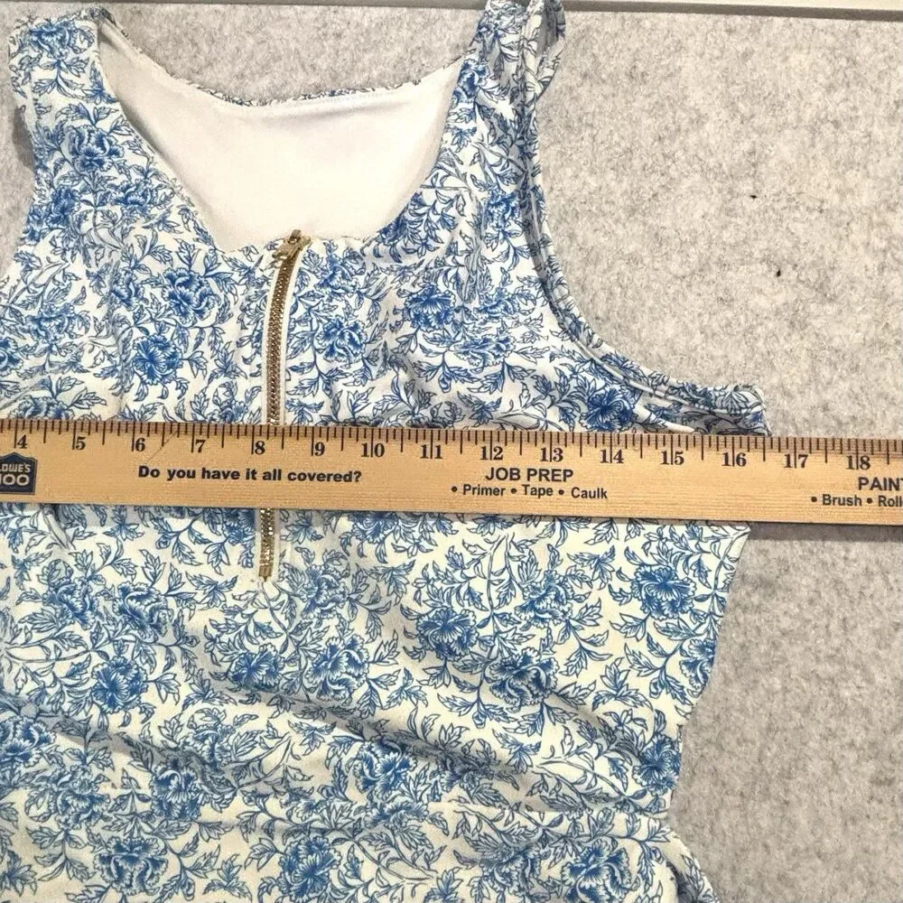 Albion 1 Pc Swimsuit Blue White Floral Tank Top Front Zipper Open Back Womens XL